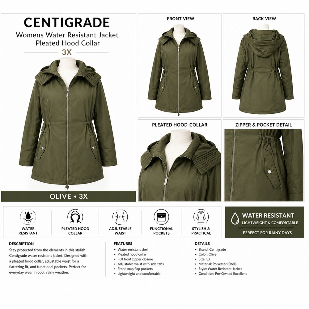 Centigrade Womens 3X Olive Water Resistant Jacket Pleated Hood Drawstring NWT